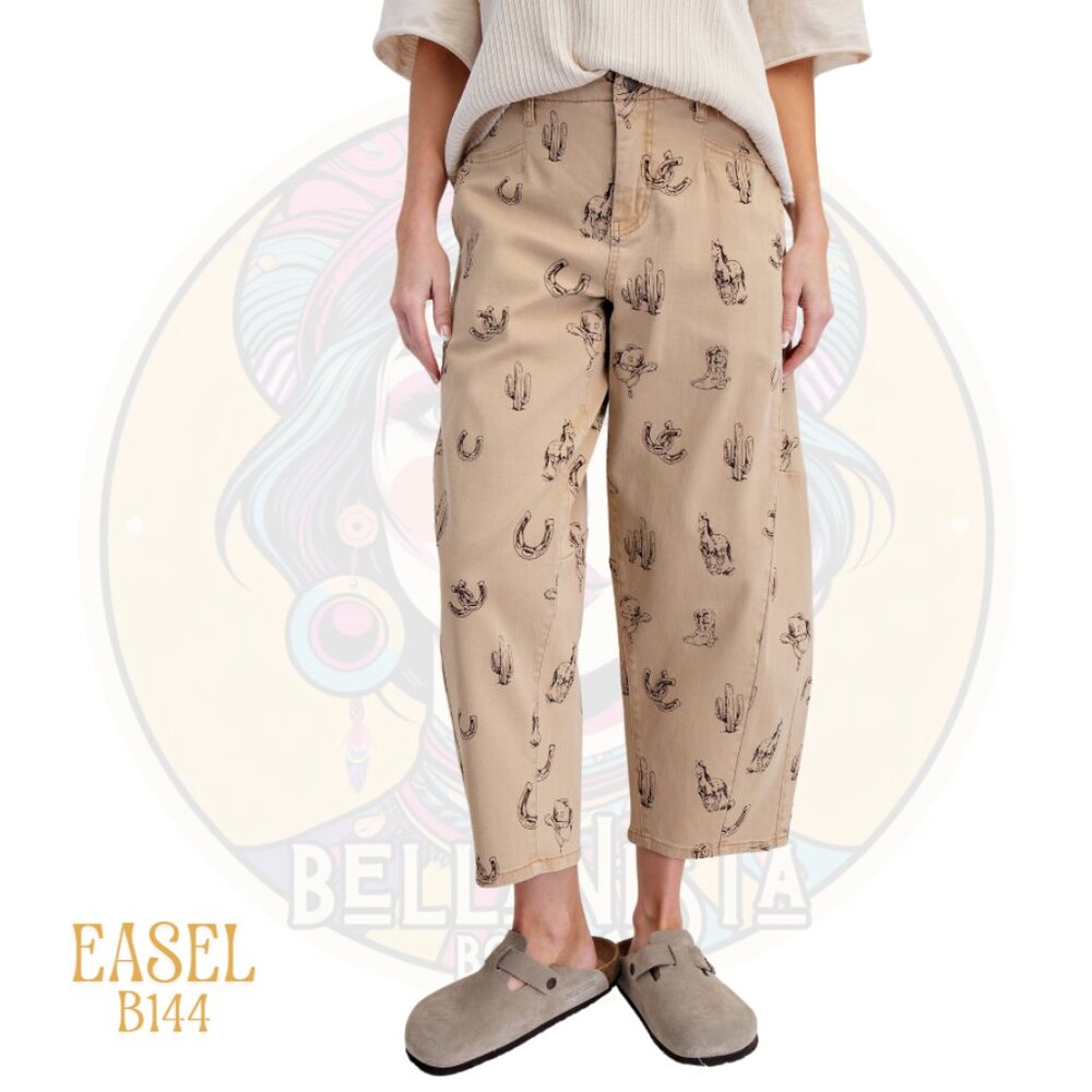 🌷 B144 EASEL Tan Cowboy Print Twill Barrel Cropped Pants